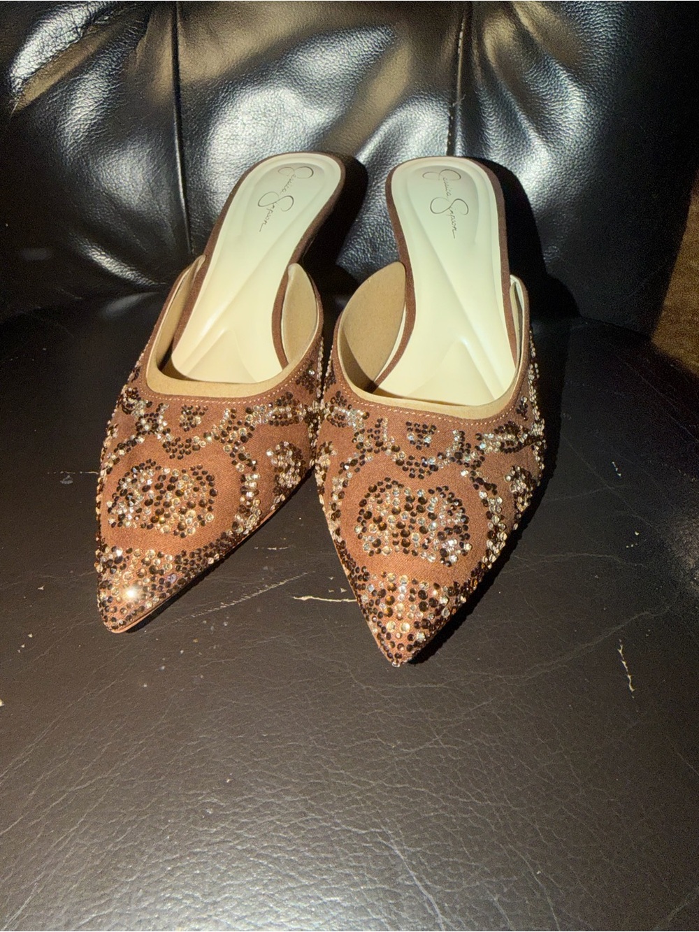 Jessica Simpson Embellished Tan/Brown Pointed Slip-On Mules